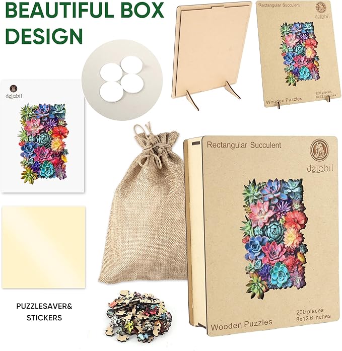 Delobil Rectangular Succulent Wooden Puzzles, 200 Pieces Jigsaw Puzzles 12.6'' x8'', Unique Design Wooden Puzzles for Adults and Kids, Family Game Gift