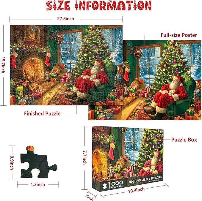 Christmas Puzzles 1000 Pieces, Festive Fireplace Puzzle Santa Claus Christmas Puzzles, Puzzles for Adults 1000 Piece Puzzle for Adults Vacation Jigsaw Puzzle Challenging Gift for Teens