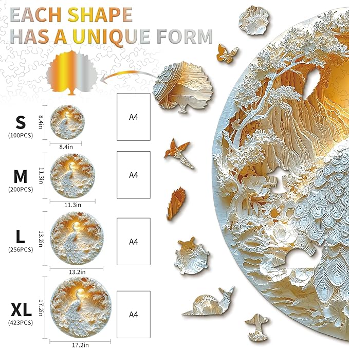 KAAYEE Wooden Puzzles for Adults, 3D Visual Effect Beautiful Peacock Wooden Jigsaw Puzzle Unique Shape Wood Puzzle Adult, Birthday Gifts for Puzzle Lovers Family Games (M-11.3 * 11.3 in-200pcs)