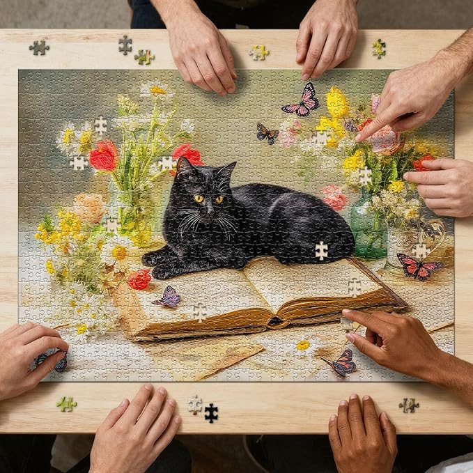 Cat on Book with Flowers Puzzles for Adults 1000 Pieces, Impossible Hard Difficult Challenging Jigsaw Puzzle 1000 Pieces, Christmas Birthday Gifts Home Decor for Adults/Friends/Family