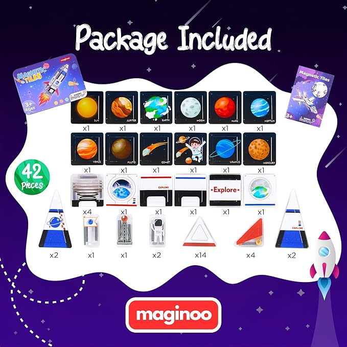 42PCS Mini Magnetic Tiles Space Rocket Travel Set with Iron Box STEM Educational Building Blocks Magnetic Construction Toy for Kids Ages 3 to 8 Creative Gift for Boys and Girls