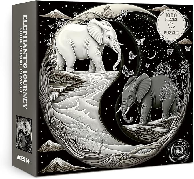 Elephant Moon Yin Yang Puzzle 1000 Piece for Adults, Stars River Tree Fantasy Jigsaw Puzzle, Galaxy Butterfly Mountains Animals Puzzles