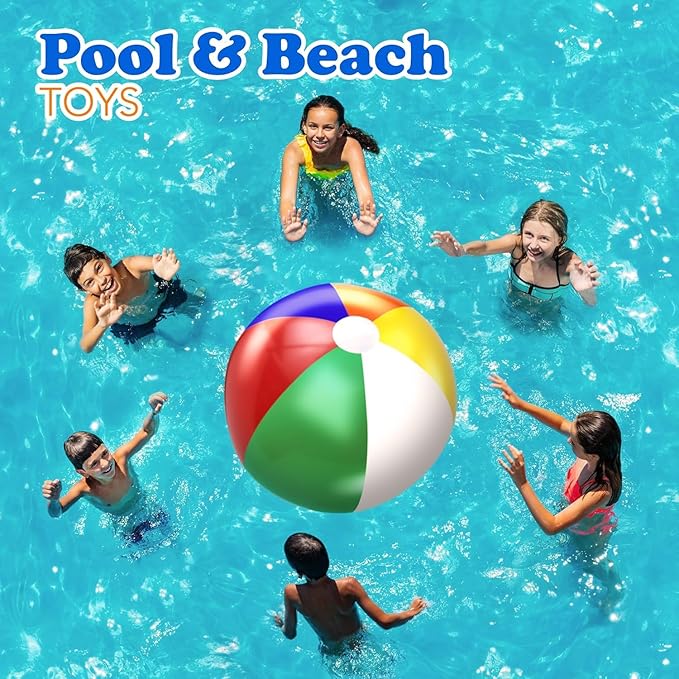 4E's Novelty Beach Balls [3 or 6 Pack] 20" Inflatable Beach Balls for Kids - Pool Games Toys for Kids & Toddlers, Classic Rainbow Color, Easter Outdoor Yard Games