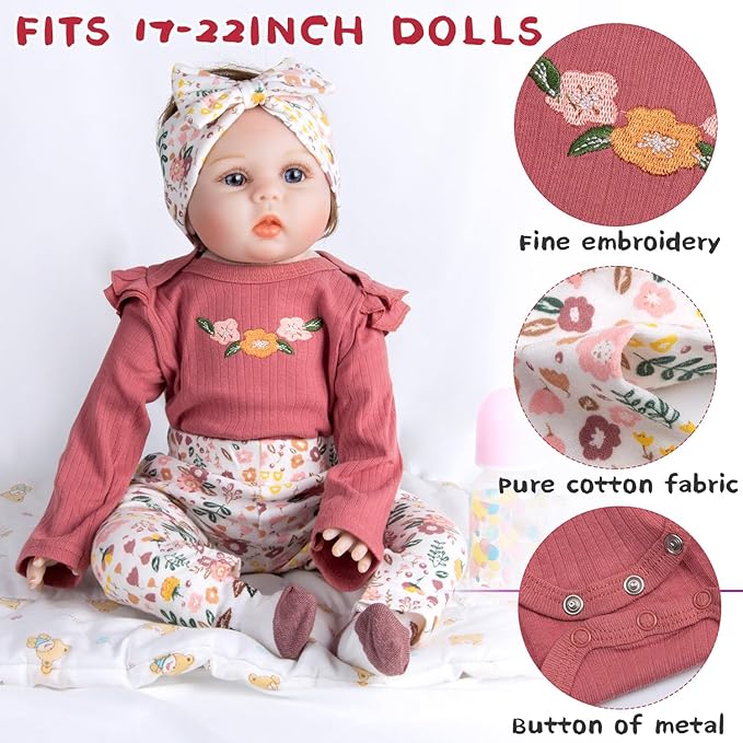 11Pcs Reborn Baby Doll Clothes 17-22 Inch Girl Floral Reborn Doll Clothes with Backpack Newborn Baby Outfits Diapers Bag & Feeding-Bottle, Pretend Play Doll Accessories Set