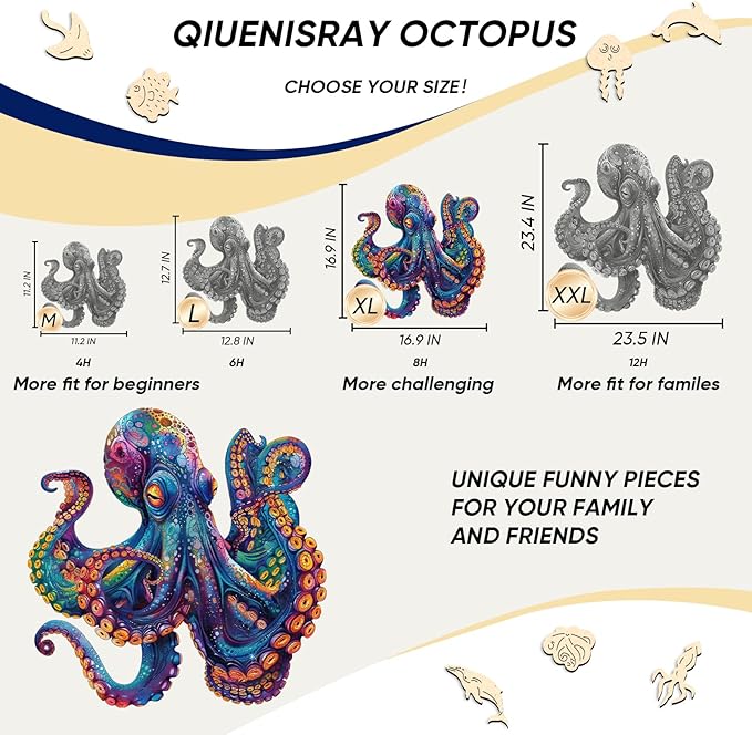 Qiuenisray 500 Piece Puzzles for Adults, Wooden Octopus Jigsaw Puzzles, FSC Certified Cool Puzzles, Unique Shape Ocean Puzzle Piece, Wall Decor, Wood Puzzles Creative Gift for Family Game 16.9x16.9 in