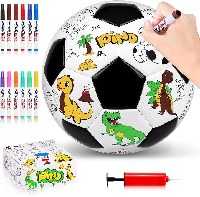 Size 4 Color Your Own Soccer Ball Black Dinosaur DIY Custom Craft Kit with Pump 12 Markers Personalized Youth Toddler Training Paint Your Own Toy Creative Gift for Kids