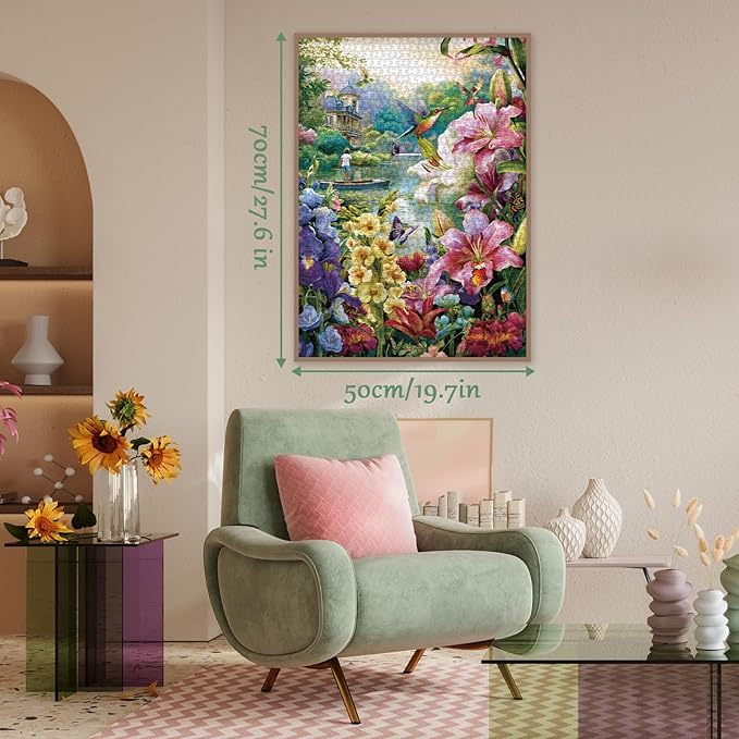Flower Landscape Puzzle for Adults 1000 Pieces, Colorful Floral Jigsaw Puzzle, Beautiful Butterfly Nature Puzzle
