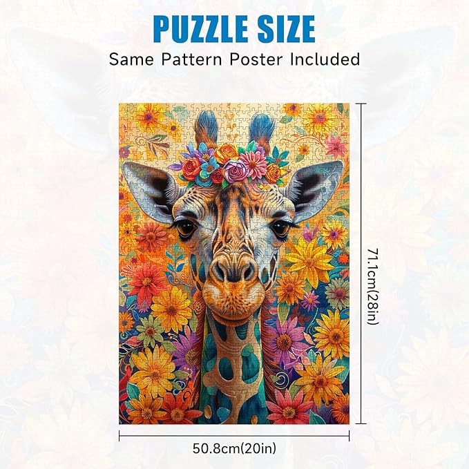 Puzzles for Adults 1000 Pieces, Jigsaw Puzzles with Giraffe Floral, with Letters on the Back, Impossible Brain Teaser, Fidget Puzzle Games for Halloween, Christmas, Finished Size 20x28 Inches