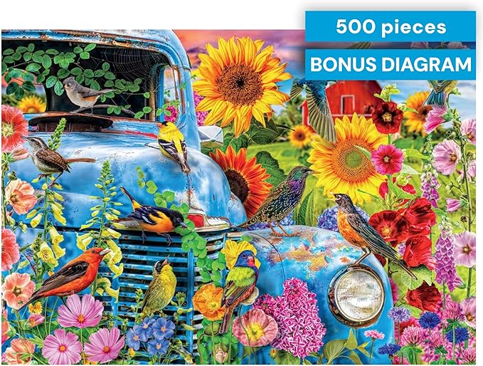 Buffalo Games - Songbirds on the Farm - Lars Stewart - 500 Piece Jigsaw Puzzle for Adults - Colorful Birds and Florals - Challenging Puzzle Perfect for Game Nights - Made in USA
