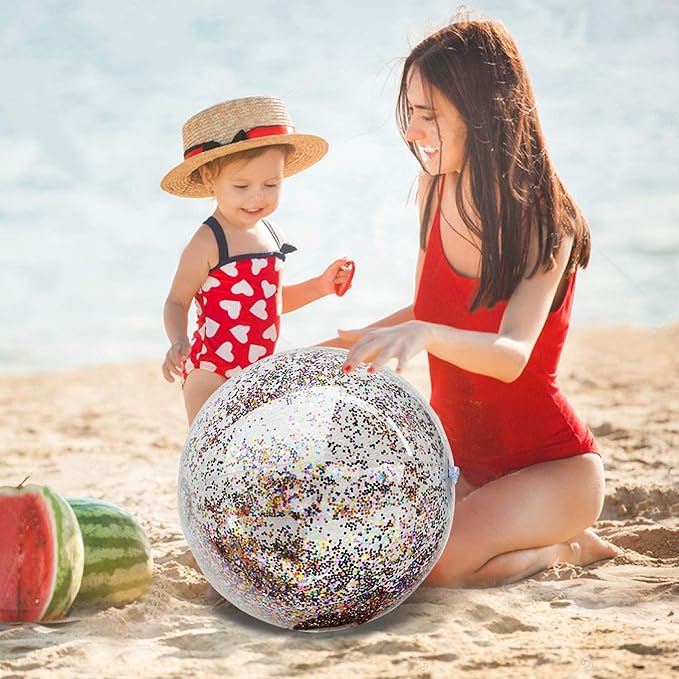 5 Pcs Inflatable Beach Balls, 16 Inch & 24 Inch Large Confetti Glitter Beach Balls, Sequins Clear Blow up Pool Balls Toys for Holiday Party Decorations 2026 New Year Birthday Summer Swimming Pool
