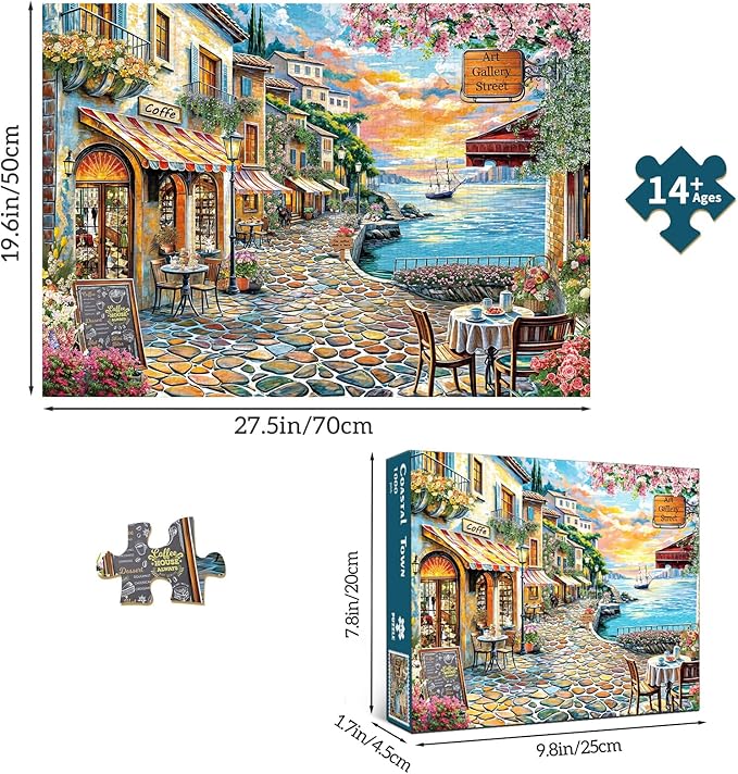 1000 Piece Puzzle for Adults, Jigsaw Puzzle 1000 Pieces for Adults, Challenging Family Games Holiday Party Gifts -1:1 Poster Interlock Perfectly Letter on Back-Coastal Town