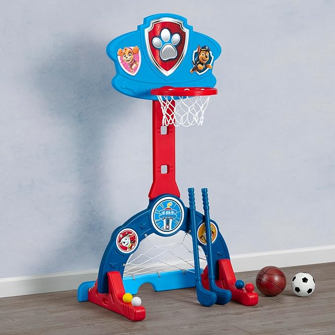 Delta Children PAW Patrol 4-in-1 Sports Center – Adjustable Easy Score Basketball Hoop, Soccer/Hockey Net and Golf Game, Blue