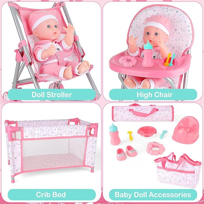deAO Baby Doll Stroller Crib Bed Nursery Role Play Set Baby Doll Accessories and Play Mat,Travel Cot,Bouncer,Foldable Stroller and Travel Bag Birthday for Girls Boys Kids