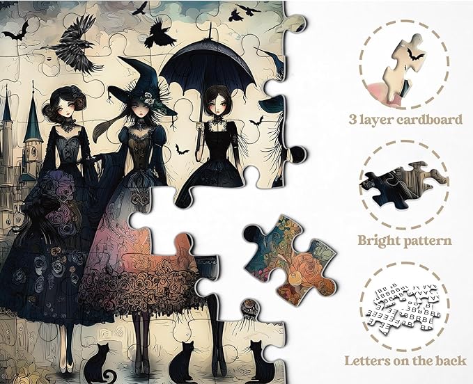 Raven Night Jigsaw Puzzle 1000 Pieces, Hard Puzzles for Adults Gothic Woman, Vintage Art Hard Impossible Puzzle as Scary Halloween Decor