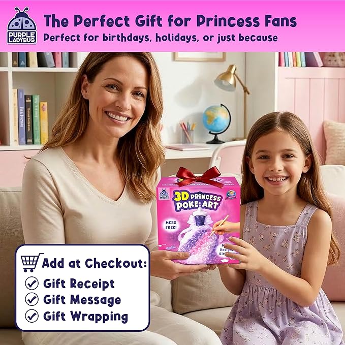 PURPLE LADYBUG 3D Princess Dress Poke Art Craft Kit for Kids Ages 6–12, Mess-Free DIY Flower Foam Activity Creative Gift Set, Birthday Holiday Craft Project