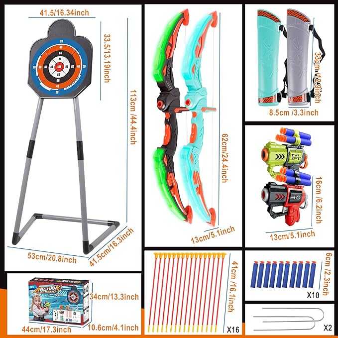 TWFRIC 2 Pack Bow and Arrow for Kids - LED Light Up Archery Set with 16 Arrows, 1 Standing Target & 2 Quivers - Fun Indoor/Outdoor Toy for Boys & Girls Aged 3-12