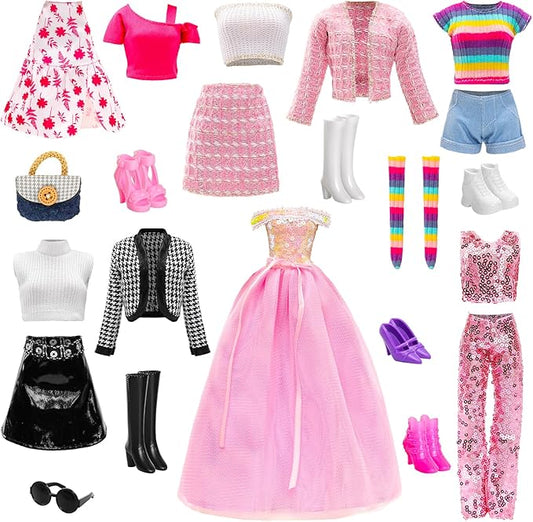 15 Pieces 11.5 Inch Girl Dolls Fashion Pack 6 Set Doll Clothes Include Chic Suits Party Gown Sequin Outfit Stylish Dress 6 Pairs of Shoes 3 Accessories for Girl Dolls Clothing(NO Doll)