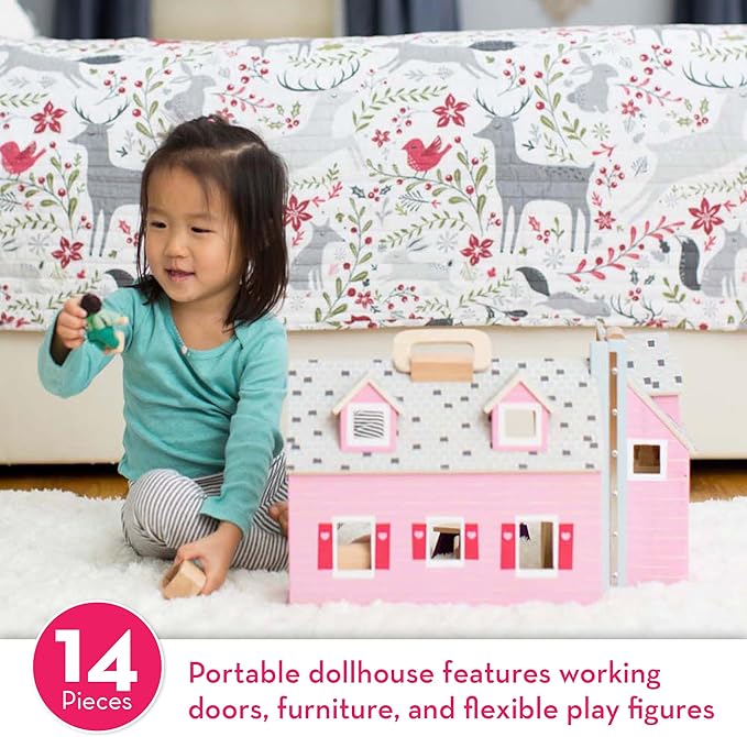 Melissa & Doug Fold & Go Wooden Dollhouse with 2 Dolls and 11 Pieces of Furniture - Portable Mini Doll House with Accessories and Toy Figures, Ages 3+