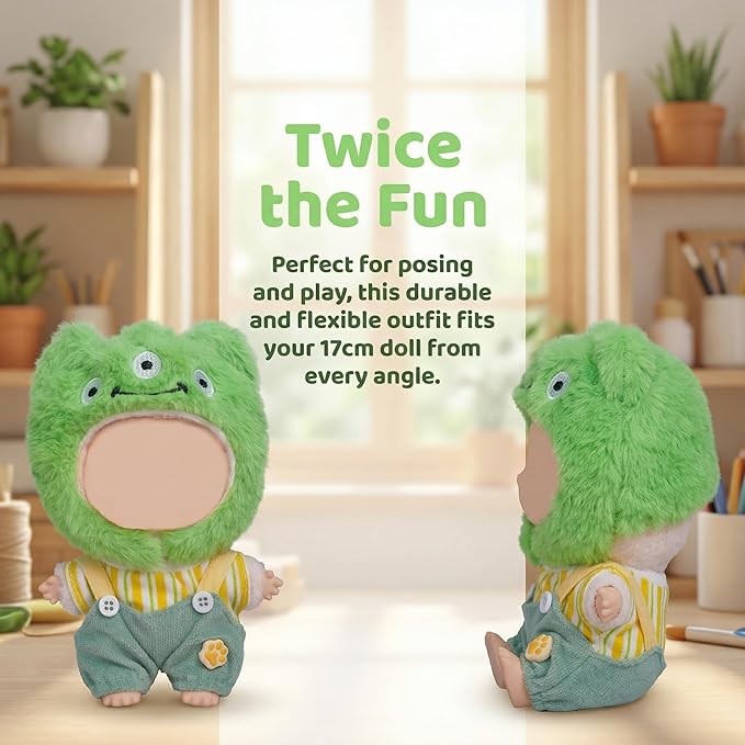 Clothes for Labubu 17cm Doll (NO Doll), 5 Piece Labubu Clothes Set, Cute Labubu Outfits with Accessories, Handmade Crochet La Bubu Doll Dress Up Set（Keroppi）