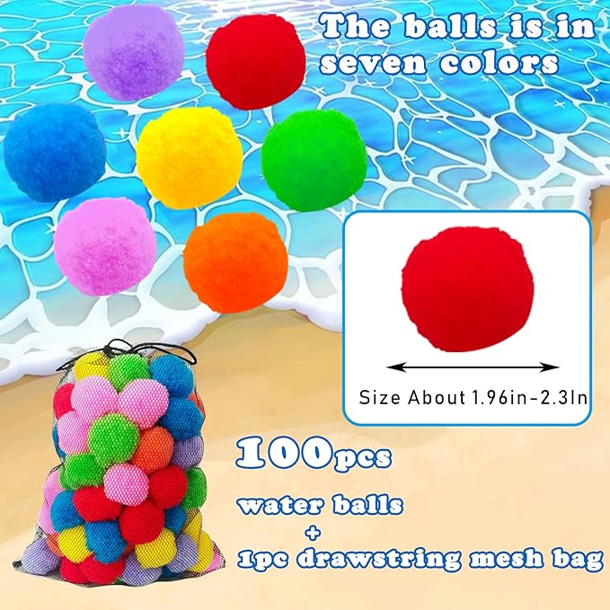 100PCS Reusable Water Splash Balls,2.4 Inch Soft Soaker Balloons Fake Snowballs for Kids Outdoor Water Fight Games,Pool Backyard Fun with 1 Mesh Bag