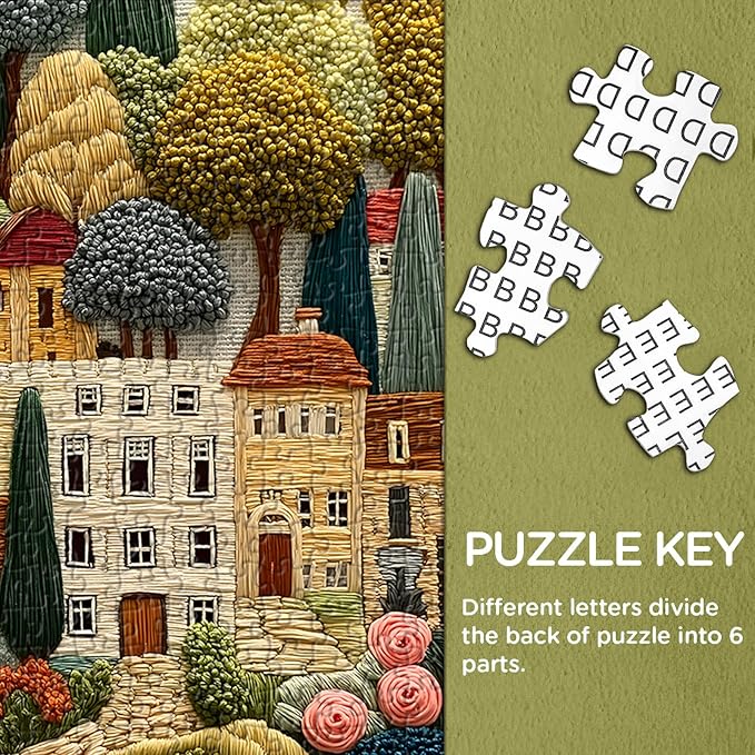 Embroidery Village Jigsaw Puzzle 1000 Pieces, Patchwork Country House Puzzles for Adults Trees, Larkipuzz Impossible Quilting Plants Puzzles for Wall Decor