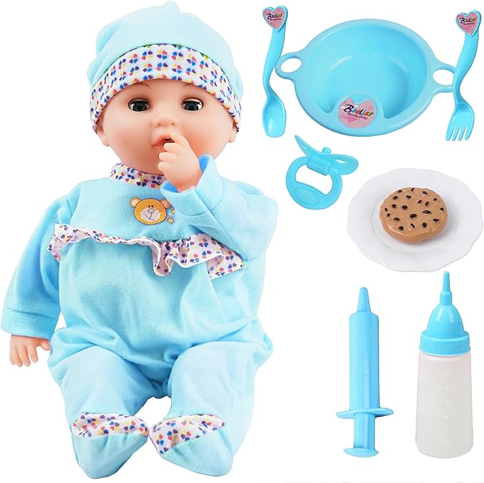 Toy Choi's Interactive Baby Doll - 16 Inch Crying Talking Feeding Dolls with Different Sounds and Accessories, Pretend Play Preschool Toys for 2 3 4 5+ Year Old Girls Boys Gift, Blue