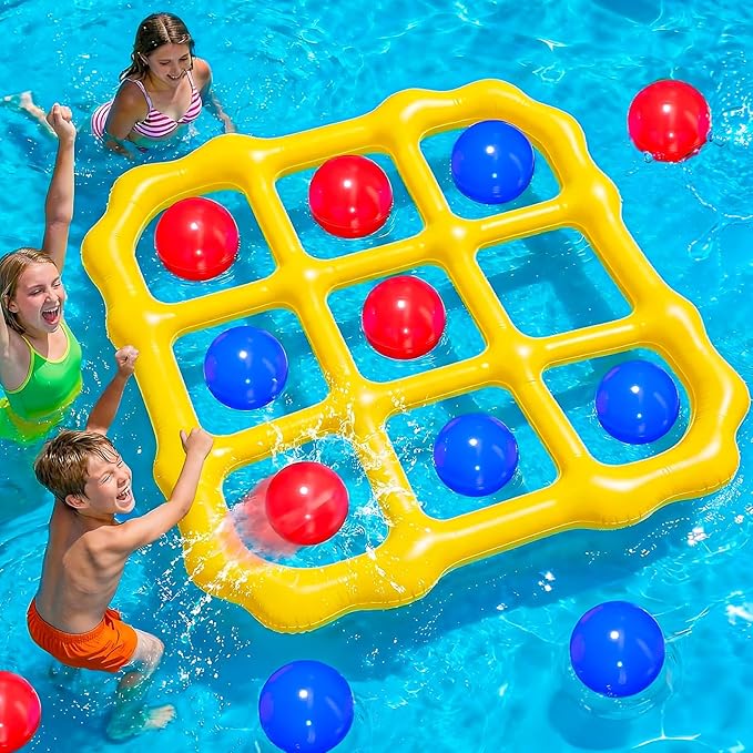 Tic Tac Toe Pool Game, Giant Inflatable Floating Board Set with 10 Balls, Pool Toys Party Game for Kids Adults Teens, Summer Water Party Backyard Beach Yard Field Day Outdoor Activities
