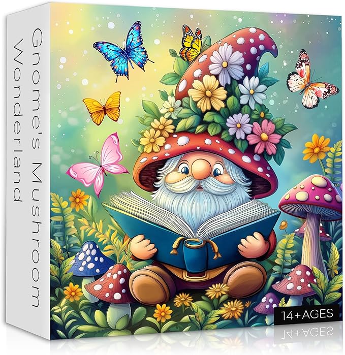 Funny Gnomes Puzzles for Adults 1000 Pieces, Nature Mushroom Butterfly Garden Themed, Cute Spring Gnome Flower Jigsaw Puzzles Challenge