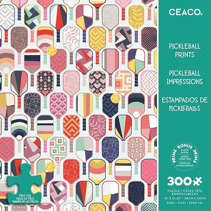 Ceaco – Pickleball Prints - Emma Schonenberg – 300 Piece Jigsaw Puzzle for Adults with Oversized Pieces and Bonus Poster – Colorful Pickleball Paddle Art Puzzle