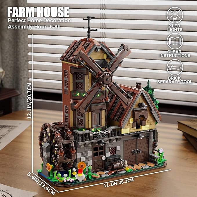 Wood Cabin Building Set with Light, Mechanical Farm House Building Block Toys with Rotating Windmill Waterwheel Castle Architecture Model Set 1436 Pcs for Adults Teens Kids Boys Girls 10-12+