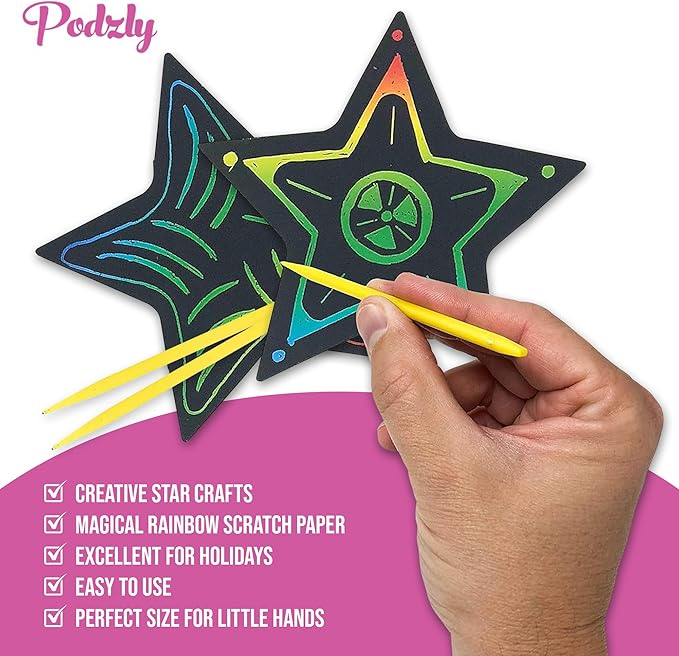 Podzly 50 Pcs Scratch Art Star Craft Kit - Magic Rainbow Color Scratch Art for Kids - DIY Star Ornament for Christmas & Easter - Art Supplies Kit for Classroom Activities,Daycares, Party Games & More