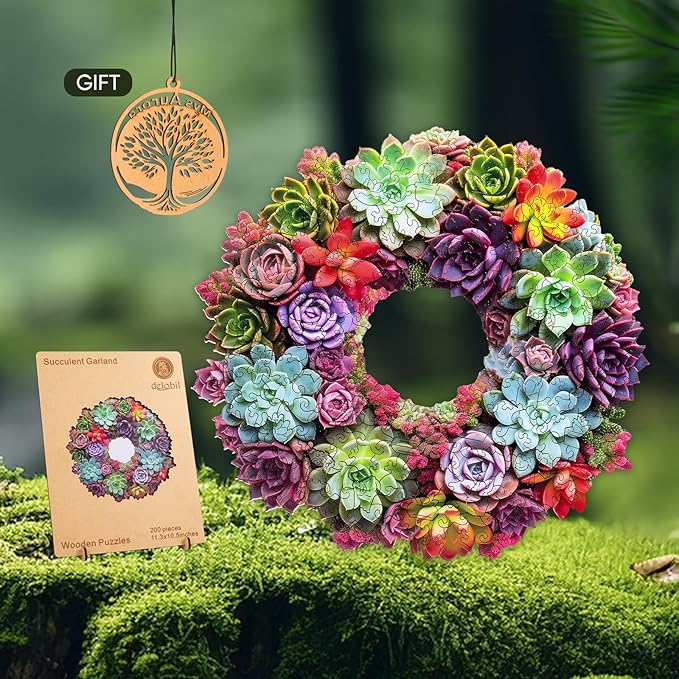 Delobil Succulent Garland Wooden Puzzles for Adults, 200 Pieces Mandala Jigsaw Puzzles, Unique Shaped Medium Size Wood Puzzle Gift for Kids, Family Game 11.3'' x 10.5''