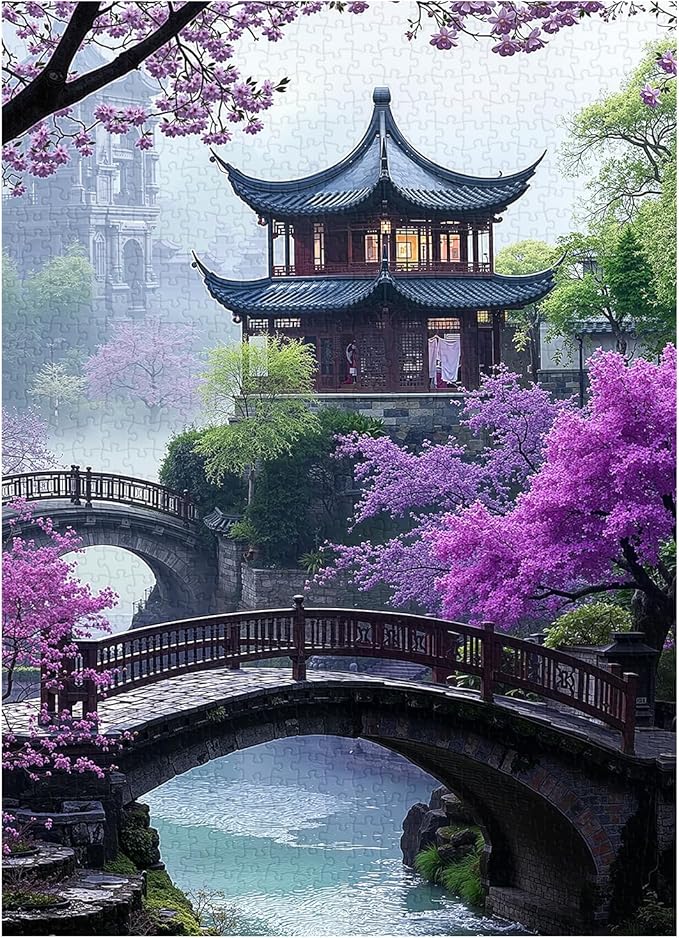 PICKFORU Plum Blossom Dreamscape Puzzles for Adults 1000 Pieces, Vintage Flower Tree Scenery Puzzles, Impossible Unique Lake Park Theme as Home Decor