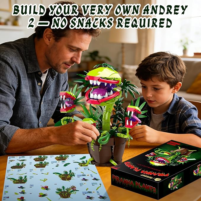 Piranha Plant Audrey 2 Building Blocks Set, Little Shop of Horrors Carnivorous Flower Model with 4 Openable Mouth, Toys Gifts for Kids Adults TV Movie Fans Halloween Christmas Birthday Gift（428PCS）