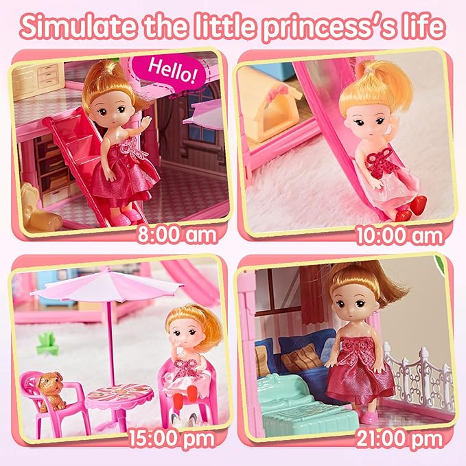 Villa Toys for Girls, 5 Stories 16 Rooms Villa Playset with Dolls, Lights, Furniture, Slide Accessories, DIY Pretend Toddlers House kit for 3 4 5 6 7 8 9 10 Year Old Kids (Pink)