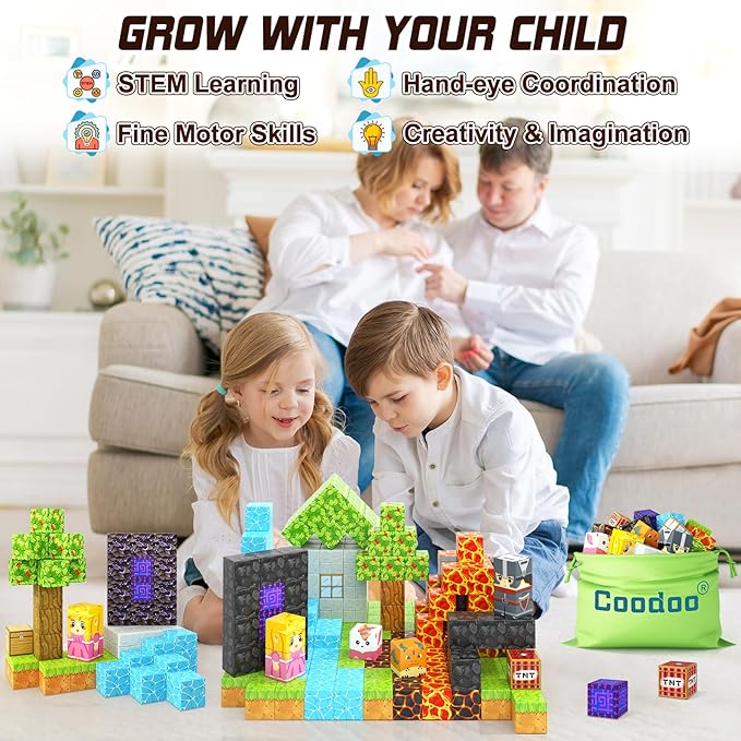 Coodoo Magnetic Blocks - Build Mine Magnet World Magic Portal Forest Edition, Magnet Building Blocks Kids Toys for Ages 5-7 Toddler Toys Creative Sensory for 3+ Years Old Boys Girls Kids Games Gifts
