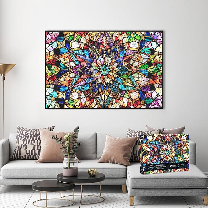 Impossible Jigsaw Puzzles for Adults 1000 Pieces-Stained Glass Puzzles Floral Hard Challenging Puzzles with Letter on Back, Difficult Jigsaw Puzzle 1000 Pieces Puzzle for Adults with 1:1 Poster