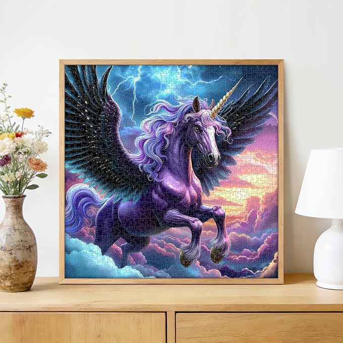 Majestic Purple Winged Unicorn 1000 Piece Jigsaw Puzzle for Adults - Fantasy Pegasus with Golden Horn & Storm Sky, Poster & Lettered Back, 22.8" Square HD Quality, Gift for Unicorn Lovers