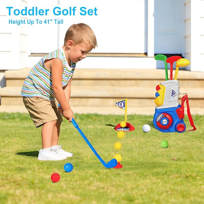 Toddler Golf Set, Kids Golf Set for Ages 1 2 3 4 5 Years Old Boys Girls with 4 Plastic Golf Clubs 10 Balls, Indoor Outdoor Baby Toddler Golf Clubs Set Toy with Cart Birthday Gifts Blue
