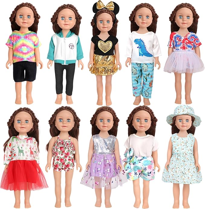 10 Sets of 18 Inch American Doll Clothes, Including 10 of Doll Clothing Dress Outfits for American Dolls, Birthday Gifts for Kids
