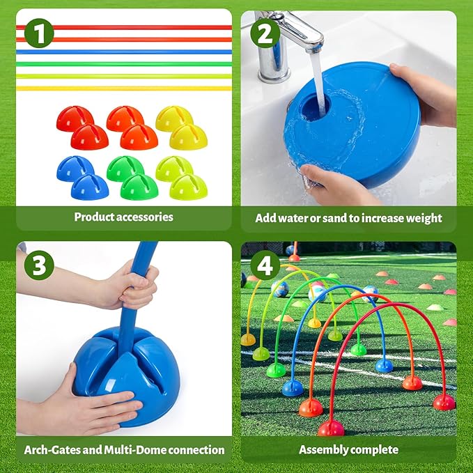 Hiboom 6 Set Multi-Dome Arch Gates Set Include 6 Obstacle Course Arch Gates with 12 Domes Base Rainbow Color Sport PE Equipment for Adult Obstacle Course Outdoor Backyard Lawn Sports Games