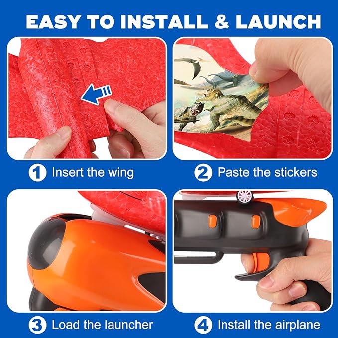 3 Pack Dinosaur Airplane Launcher Toys,Flying Toys for 3 4 5 6 7 8 9 10 Year Old Boys,Kids Toys 5 6 7 8 9 10 12 Year Old Boy Gift Ideas,Airplane B-Day Party Supplies, Green,Orange,red