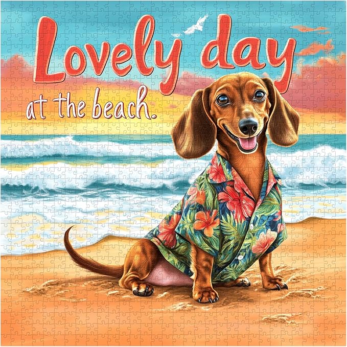 Beach Dachshund Puzzles for Adults 1000 Pieces, Cute Dog Animal Jigsaw Puzzles, Funny Seaside Puppy Art Puzzle as Home Wall Art