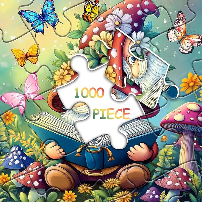 Funny Gnomes Puzzles for Adults 1000 Pieces, Nature Mushroom Butterfly Garden Themed, Cute Spring Gnome Flower Jigsaw Puzzles Challenge