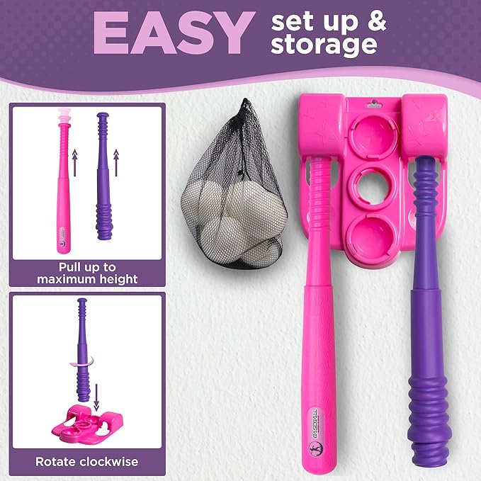 TOMLEON T Ball Stand for Girls 3-5, 5-8. Baseball Set Includes 6 Large Balls, an Adjustable Tball Batting Tee, and a Storage Net. Kids Bat and Ball, T-Ball Sets for Kids
