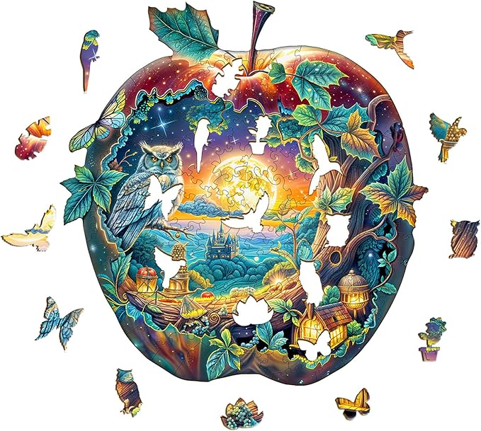 Wooden Puzzles for Adults, Apple Owl Jigsaw Puzzles with Unique Shape, Wood Challenging Jigsaw Puzzles Ideal for Adults, Christmas Birthday Gifts for Women Men Puzzle Game Lovers, 8.5"x8.1" - 90pcs