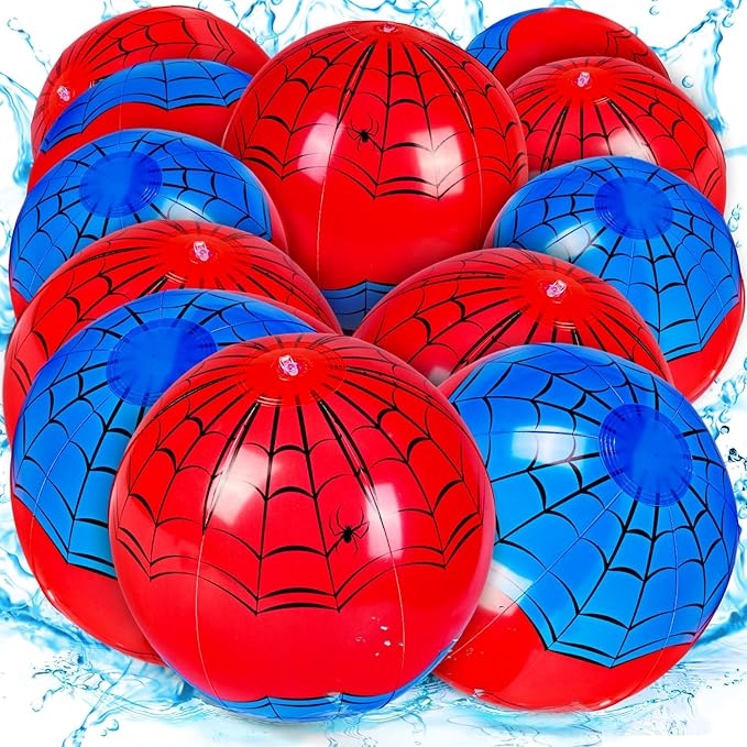 12 Pack Spider Theme Beach Ball 7.87" Inflatable Beach Balls for Summer Water Pool Games Blue and Red Spider Web Birthday Party Decorations Favors Under The Sea Party Decorations