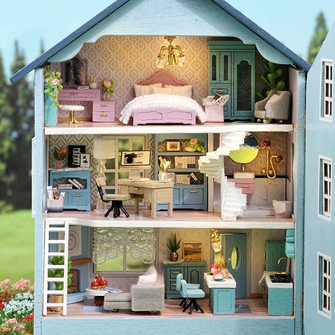 TuKIIE DIY Miniature Dollhouse Kit with Furniture, 1:32 Scale Creative Room Opened & Closed Mini Wooden Doll House for Kids Teens Adults(Molan House)