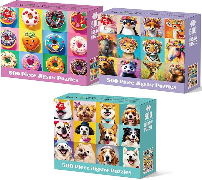 3 Pack 500 Piece Puzzles for Adults, Beautiful Wild Animals Jigsaw Puzzle for Teens Seniors, Recycled Cardboard Donut Dogs Puzzle 500 Piece, Family Activity Great Gift for Friends 20.5 * 15 inch