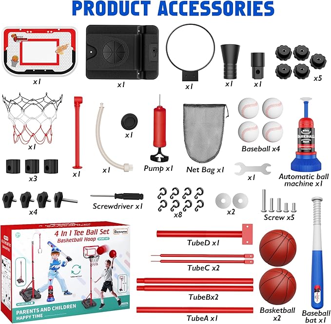 4 in 1 Kids Basketball Hoop and T-Ball Set - Adjustable Hanging T-Ball Stand with Automatic Pitching Machine, Indoor Outdoor Sports Toys, Christmas Birthday Gifts for Boys Girls Ages 3-8
